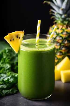 A close-up of a green smoothie in a clear glass with a straw.の素材