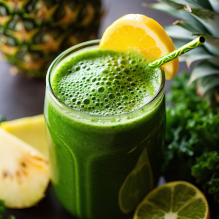 A close-up of a green smoothie in a clear glass with a straw.の素材
