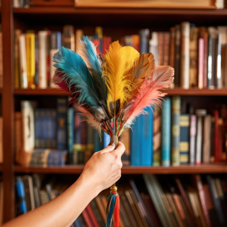 a hand holding a feather duster as it glides over a bookshelf filled with colorful books.の素材