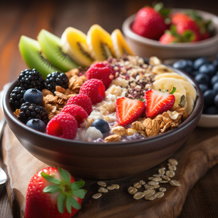 a healthy breakfast bowl filled with colorful fruits and grains.の素材