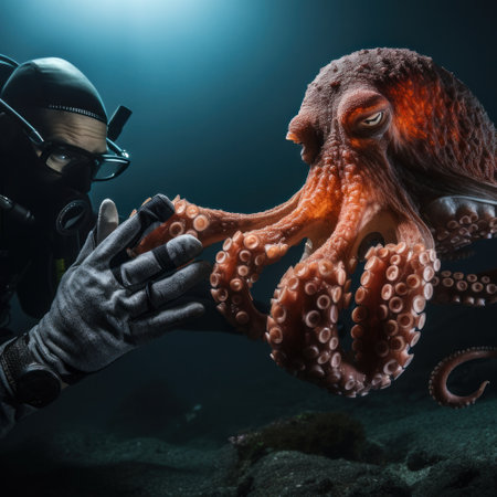 a scuba diver's hand reaching out to touch a curious octopus.の素材