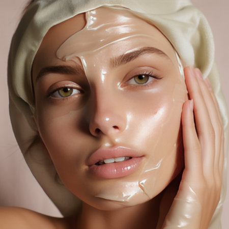 a woman's face with a sheet mask on, showing the benefits of at-home spa treatments.の素材
