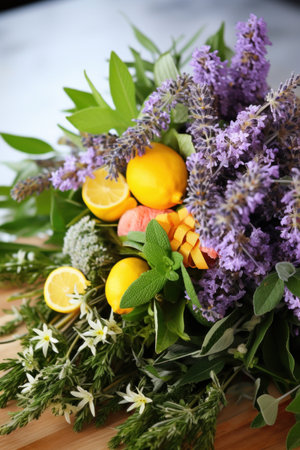 a bouquet of fresh flowers and herbs, perfect for use in health.の素材