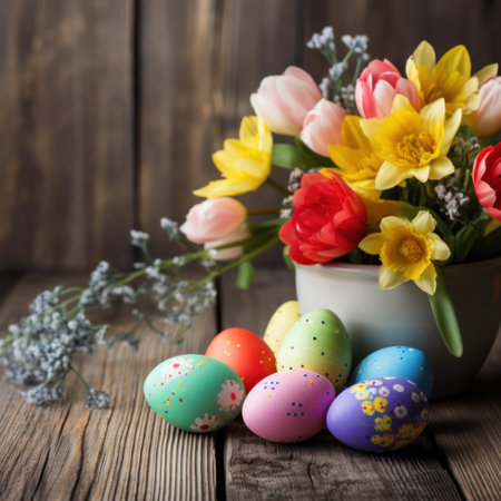A colorful Easter egg and flower arrangement on a vintage wooden background.の素材