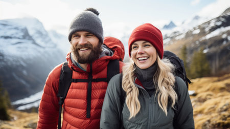 A couple takes a relaxing hike in the mountains.の素材