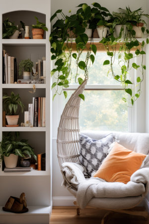 A cozy reading nook with a trailing pothos plant cascading down from a high shelf.の素材