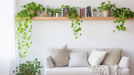 A cozy reading nook with a trailing pothos plant cascading down from a high shelf.の素材