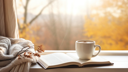 A cozy scene of a mug of coffee and a book on a cream-colored blanket, with a window showing.の素材