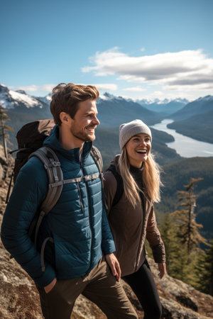 A couple takes a relaxing hike in the mountains.の素材