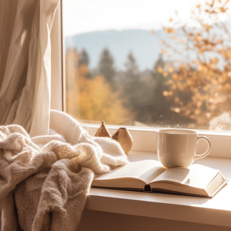 A cozy scene of a mug of coffee and a book on a cream-colored blanket, with a window showing.の素材