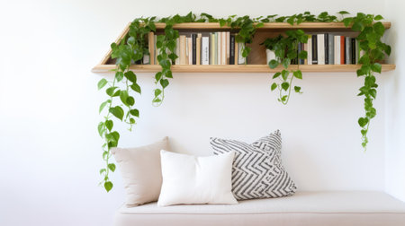 A cozy reading nook with a trailing pothos plant cascading down from a high shelf.の素材