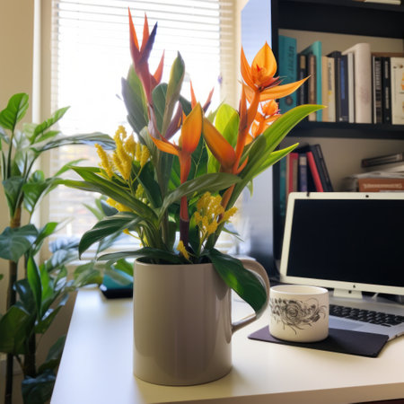A cozy office space with a vibrant bird of paradise plant on the desk.の素材