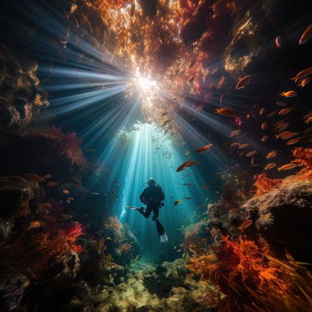 A diver swimming through a tunnel of colorful coral.の素材