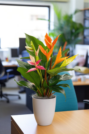 A cozy office space with a vibrant bird of paradise plant on the desk.の素材