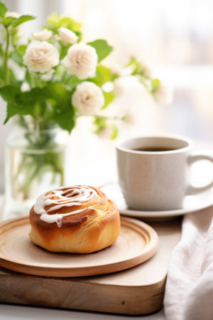 cozy setting of a coffee mug with a cinnamon bun and a flower vase, placed on a wooden tray.の素材