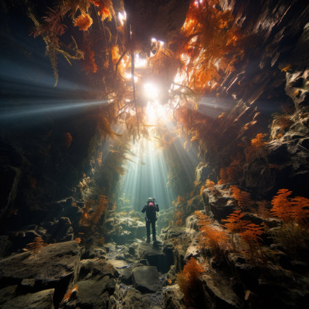 A diver swimming through a tunnel of colorful coral.の素材