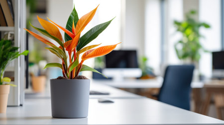 A cozy office space with a vibrant bird of paradise plant on the desk.の素材