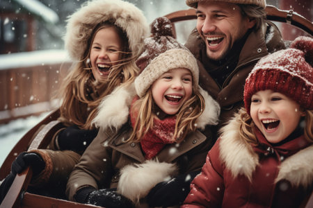 A family is enjoying a sleigh ride through a snowy winter wonderland.の素材
