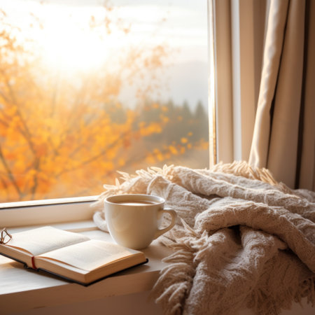A cozy scene of a mug of coffee and a book on a cream-colored blanket, with a window showing.の素材