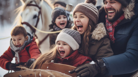 A family is enjoying a sleigh ride through a snowy winter wonderland.の素材