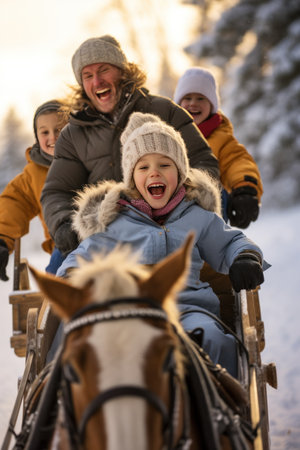 A family is enjoying a sleigh ride through a snowy winter wonderland.の素材