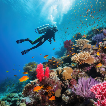 A diver exploring a vibrant coral reef with a school of colorful fish swimming around them.の素材