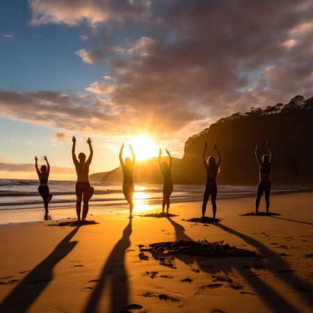 A dynamic photo of a group of people practicing yoga on a beach at sunsetの素材