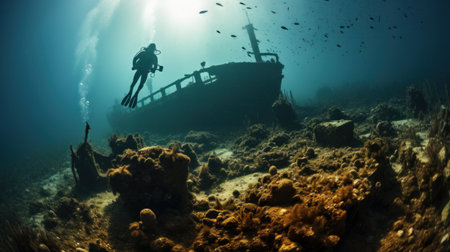 A diver hovering over a shipwreck, with the rusted remains creating an eerie yet fascinating backdrop.の素材