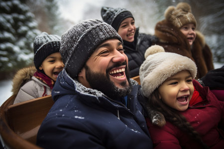 A family is enjoying a sleigh ride through a snowy winter wonderland.の素材