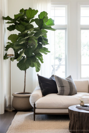 A dramatic living room with a towering fiddle leaf fig tree as the centerpiece.の素材