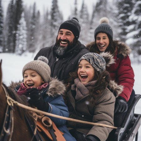 A family is enjoying a sleigh ride through a snowy winter wonderland.の素材