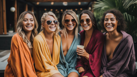 A fun and playful image of a group of friends enjoying a day at the spa together.の素材
