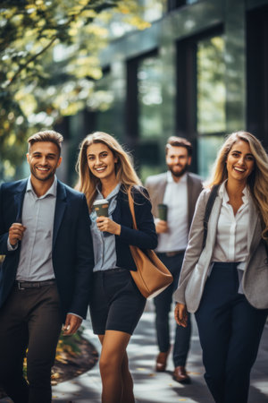 A group of coworkers take a walk during their lunch breakの素材