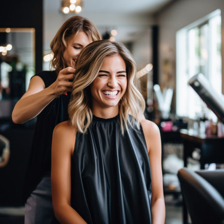 a professional hairstylist cutting and styling a clients hair.の素材