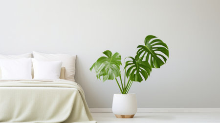 A minimalist bedroom with a striking monstera deliciosa plant in a sleek white planter.の素材