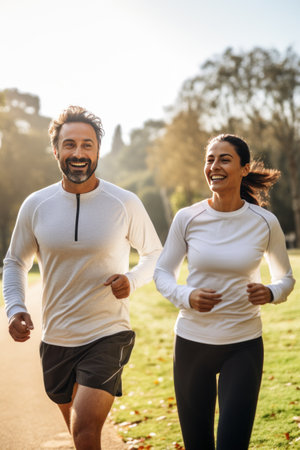 A man and woman jog together through a park.の素材