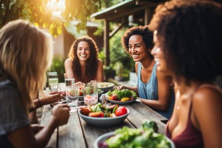 A group of friends gather around a picnic table.の素材