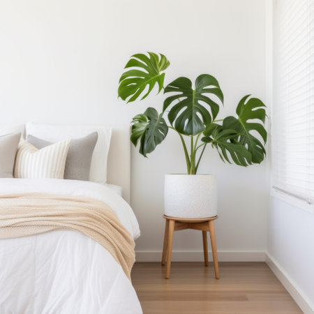 A minimalist bedroom with a striking monstera deliciosa plant in a sleek white planter.の素材