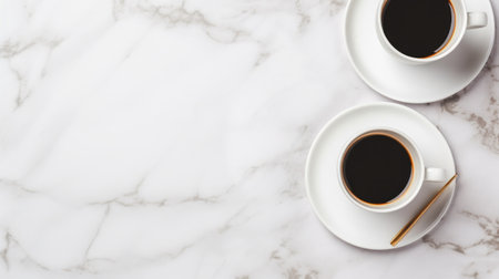 A modern flat lay of a coffee cup and saucer with a newspaper and laptop on a white marble background.の素材