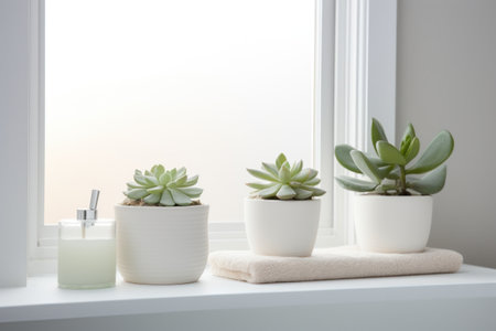 A serene bathroom with a trio of small succulents on the windowsill.の素材
