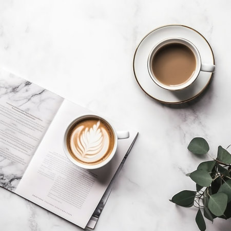 A modern flat lay of a coffee cup and saucer with a newspaper and laptop on a white marble background.の素材