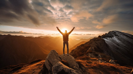 A person standing at the top of a mountain with arms outstretched.の素材