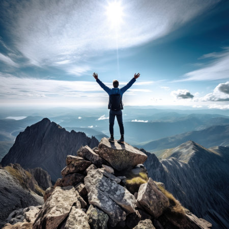 A person standing at the top of a mountain with arms outstretched.の素材
