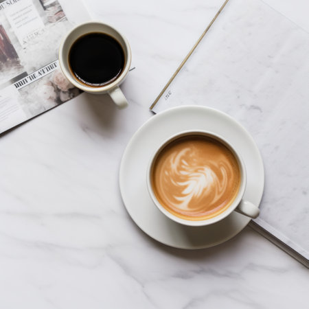 A modern flat lay of a coffee cup and saucer with a newspaper and laptop on a white marble background.の素材