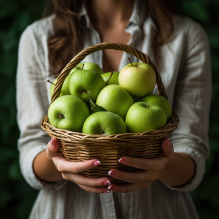 a woman holding a green apple with a bite taken out of it, with a basket of apples in the background.の素材