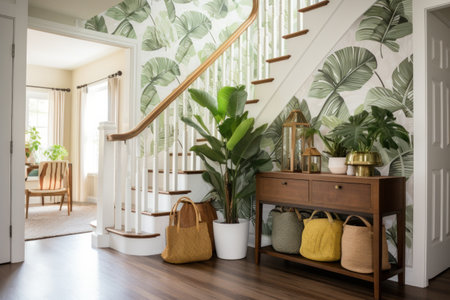 welcoming entryway with a tropical print wallpaper and a pair of potted palms.の素材