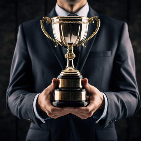 A person holding a trophy or medal, symbolizing recognition and achievement in business.の素材