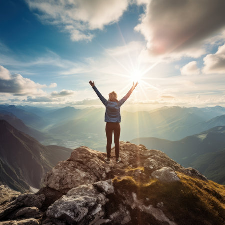 A person standing at the top of a mountain with arms outstretched.の素材