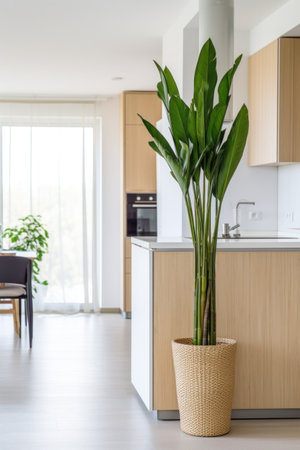 A spacious kitchen with a tall snake plant in a woven basket.の素材