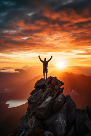 A person standing at the top of a mountain with arms outstretched.の素材